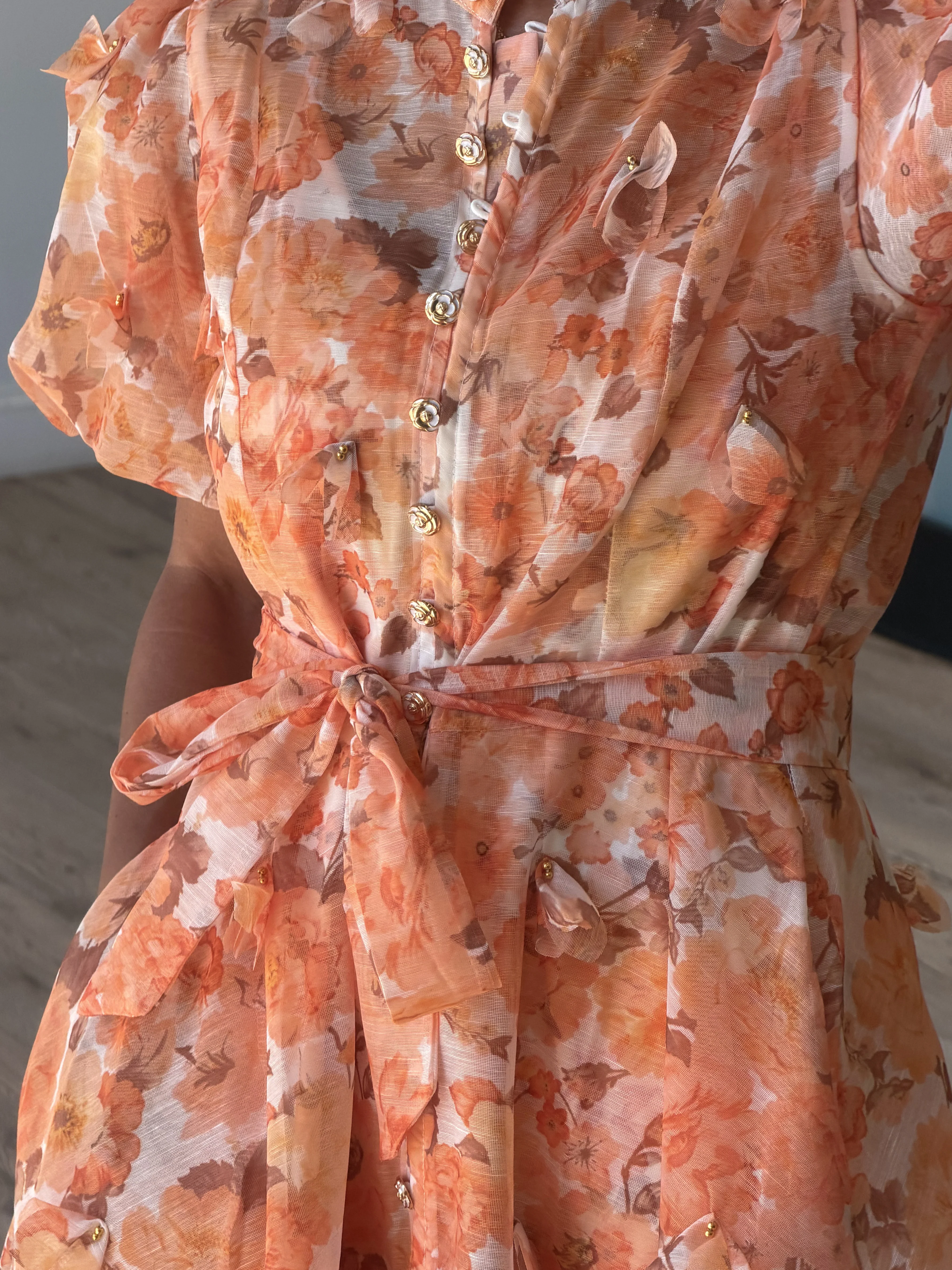 Anneliese Floral Sheer Dress | Apricot - Image 3