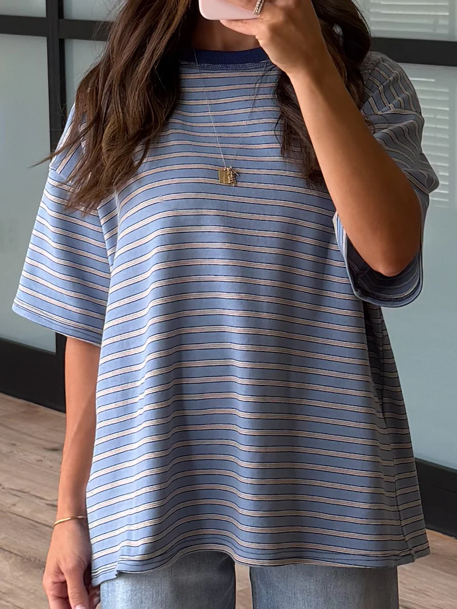 Cannon Stripe Boyfriend Tee | Blue | RESTOCK - Image 2