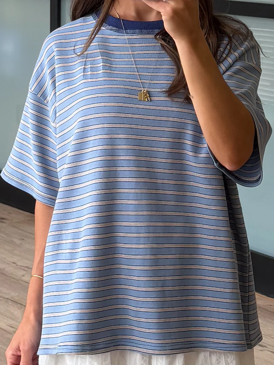 Cannon Stripe Boyfriend Tee | Blue | RESTOCK - Image 4
