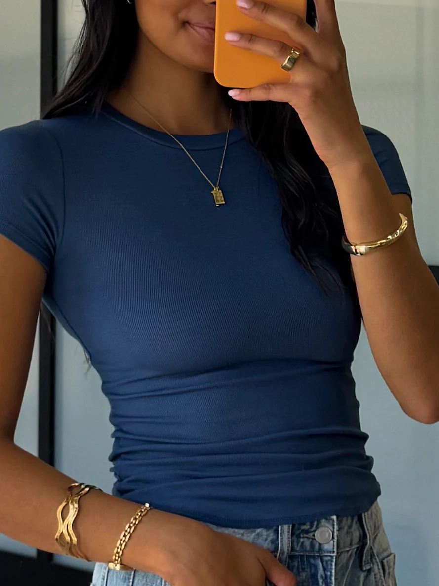 Essential Ribbed Tee | Navy | +Plus Available - Image 4