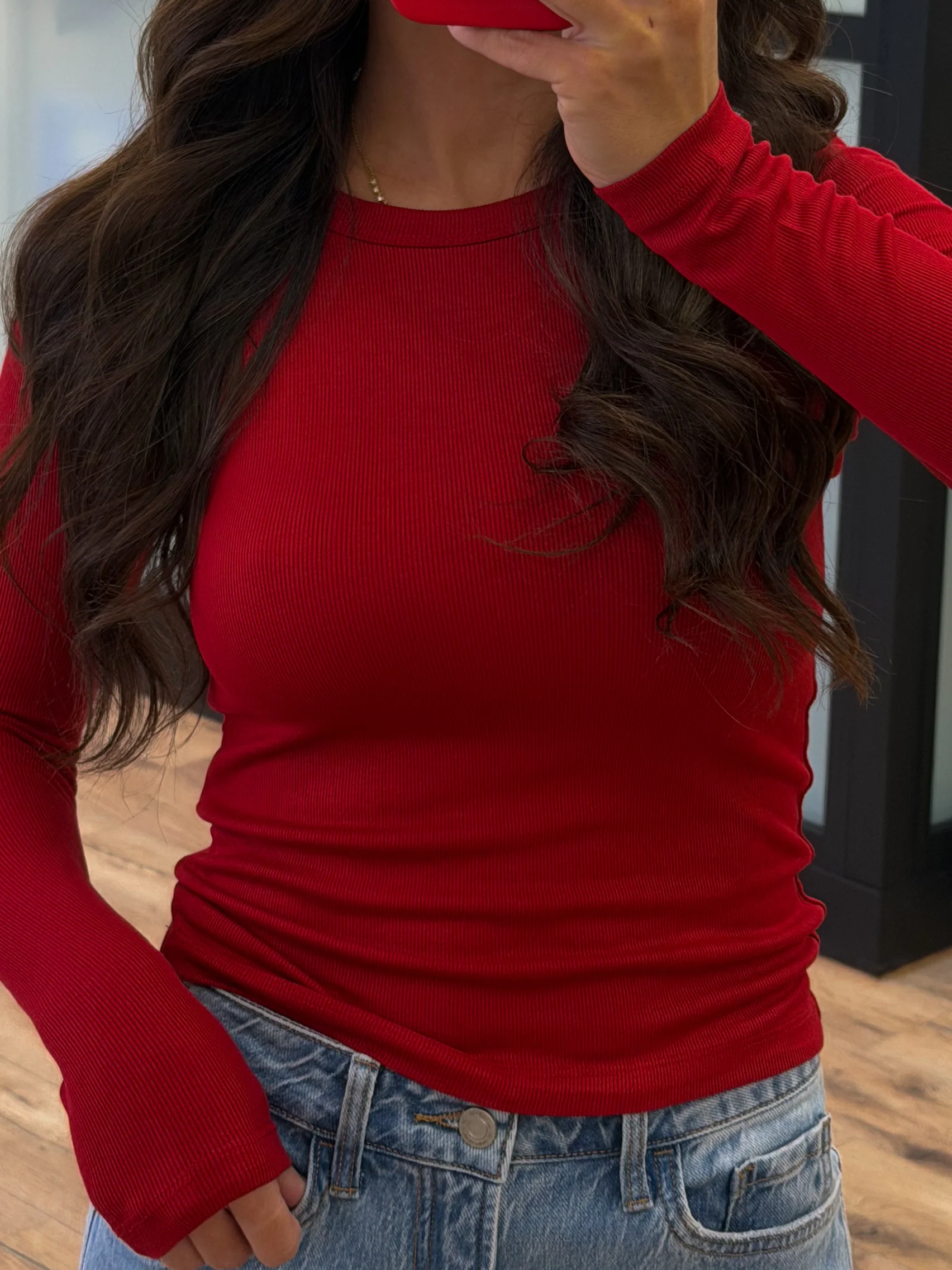 Cropped Essential Ribbed Long Sleeve | Scarlet | +Plus Available