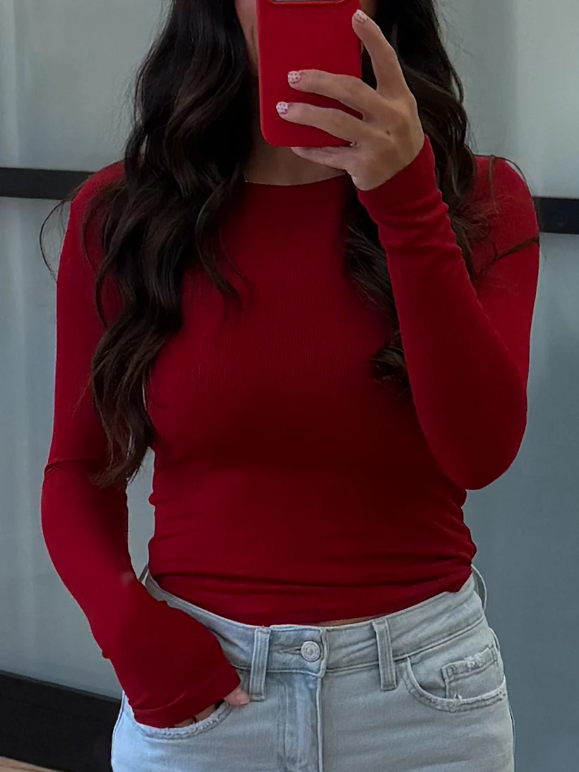 Cropped Essential Ribbed Long Sleeve | Scarlet | +Plus Available - Image 2