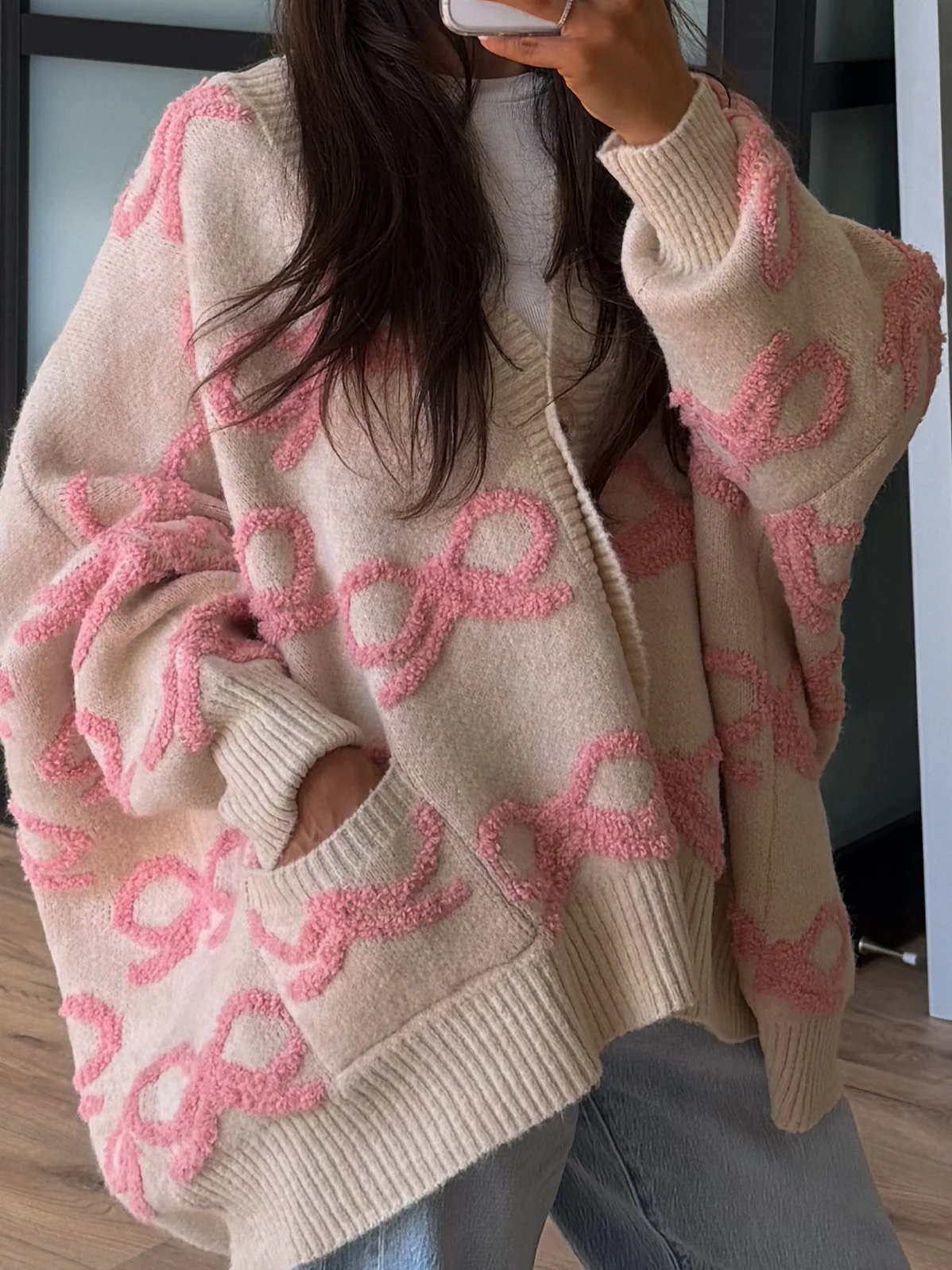 Eloise Bow Button Cardigan | Ballet Pink - Image 2