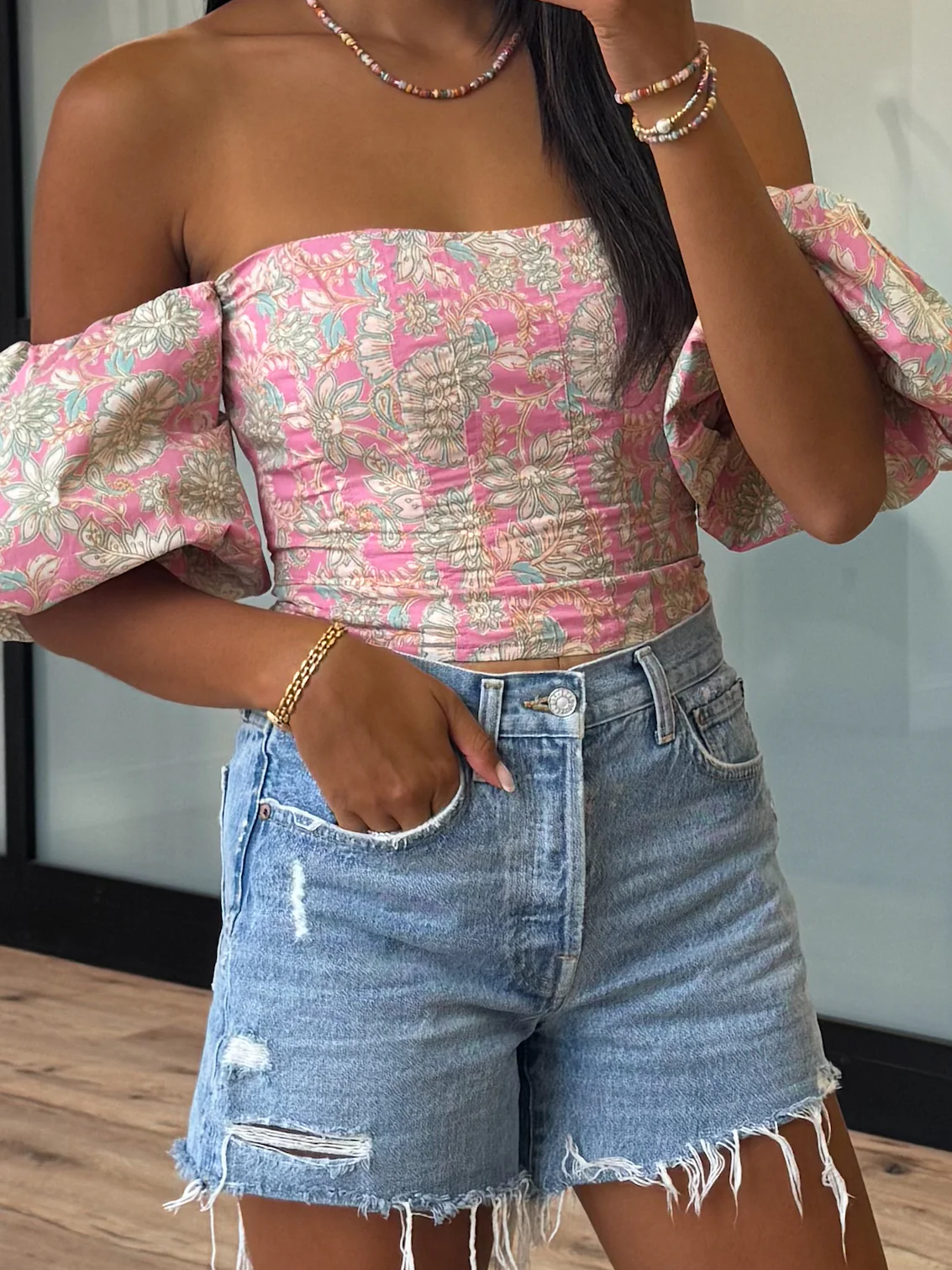 Eve Off-The-Shoulder Puff Sleeve Top | Rosé Mint - Image 2