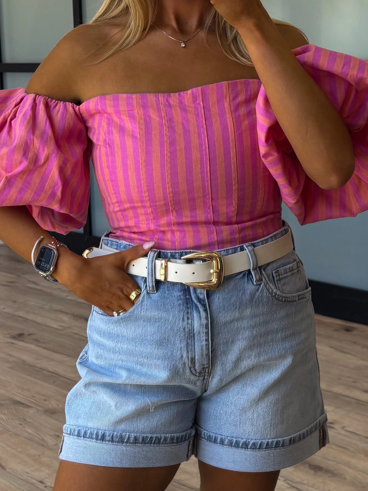 Eve Off-The-Shoulder Puff Sleeve Top | Tropink Stripe - Image 2