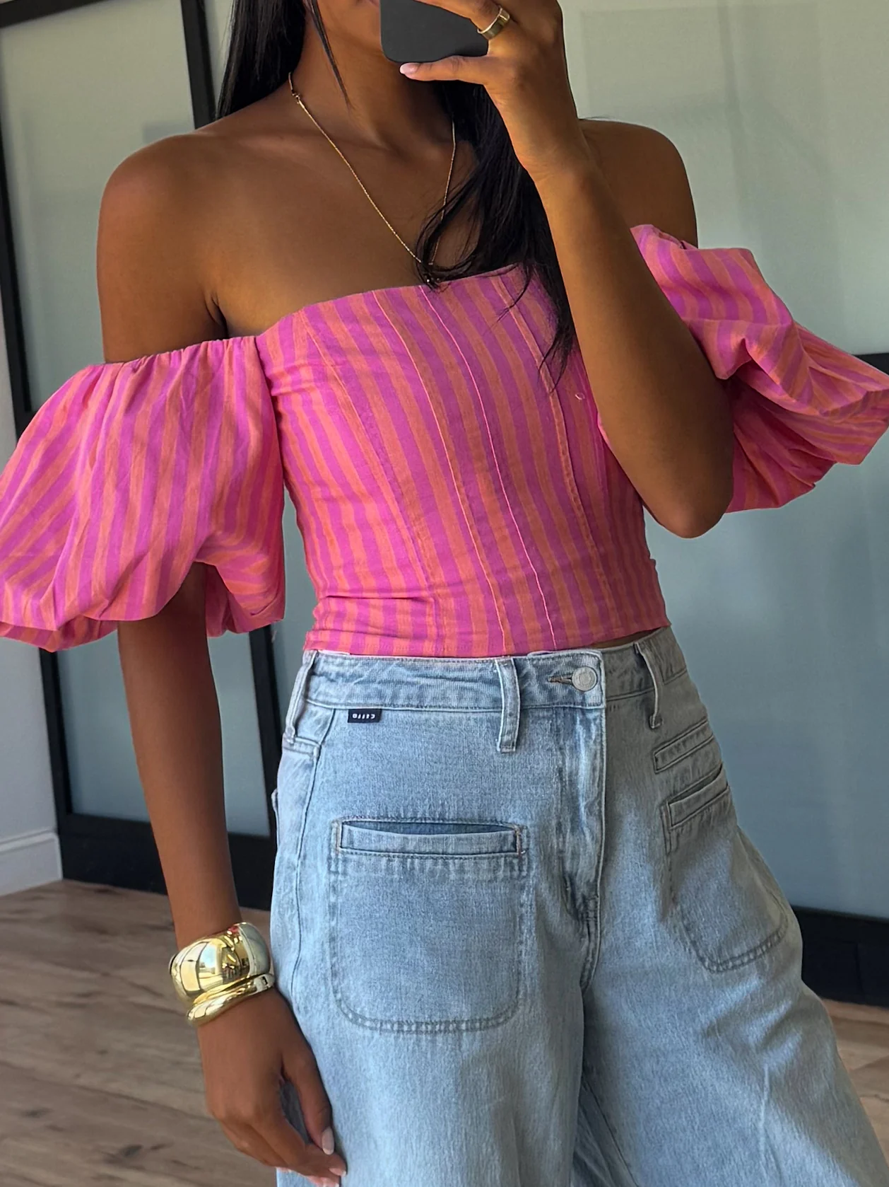 Eve Off-The-Shoulder Puff Sleeve Top | Tropink Stripe - Image 3