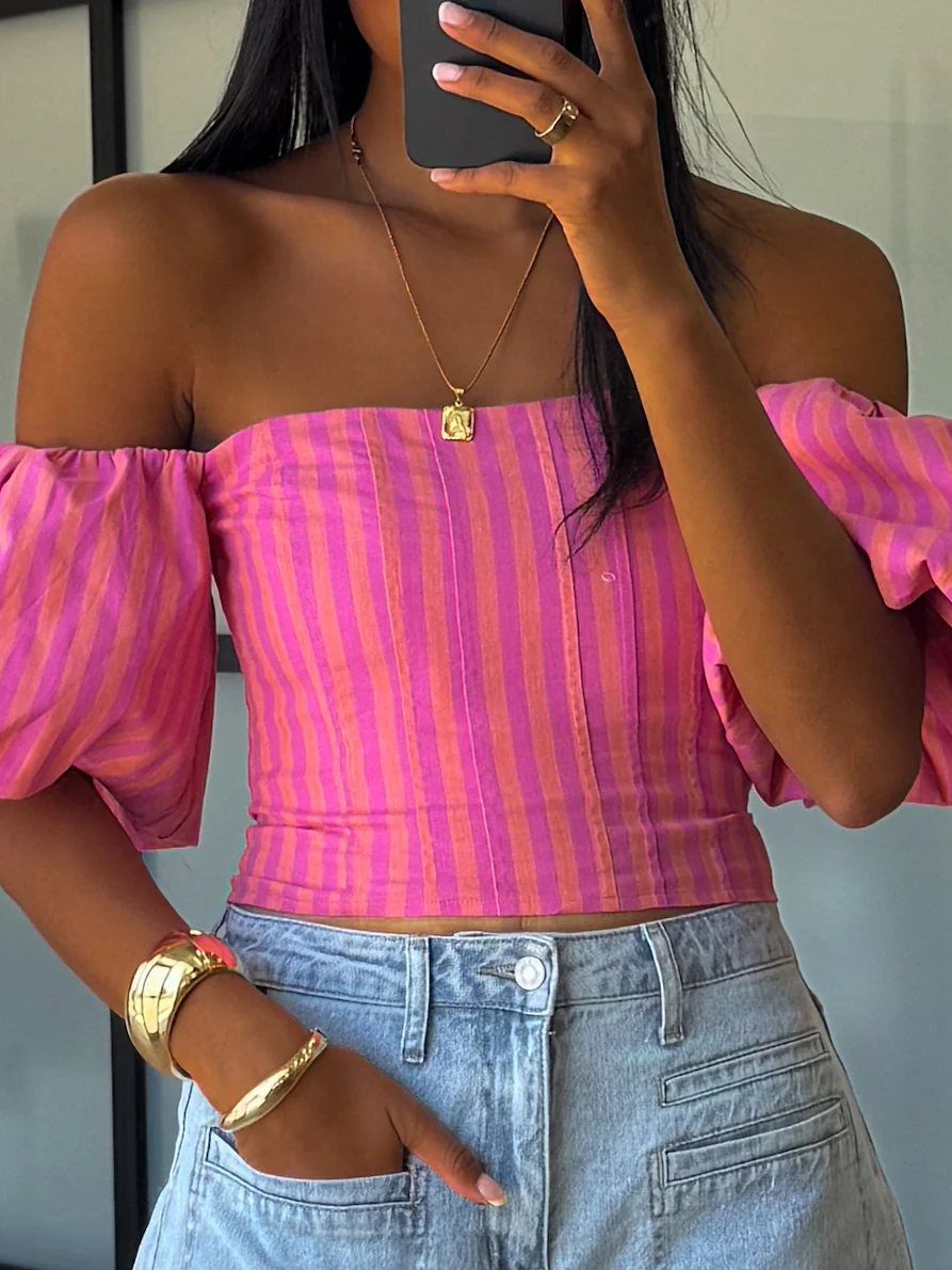 Eve Off-The-Shoulder Puff Sleeve Top | Tropink Stripe - Image 4