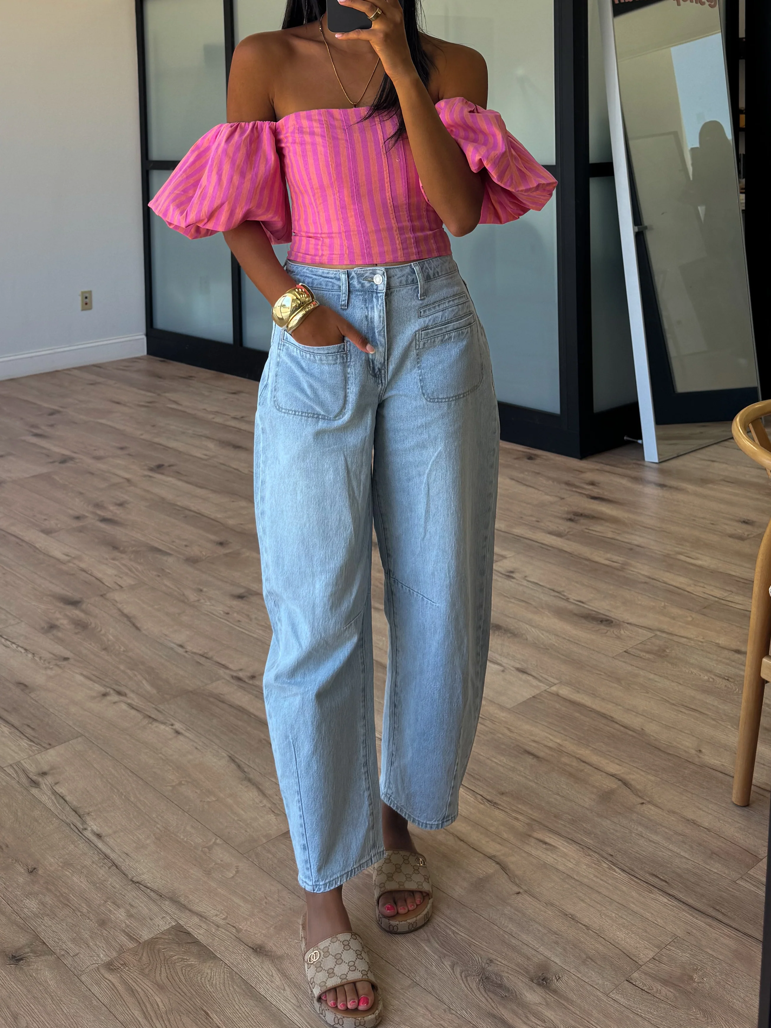 Eve Off-The-Shoulder Puff Sleeve Top | Tropink Stripe - Image 5