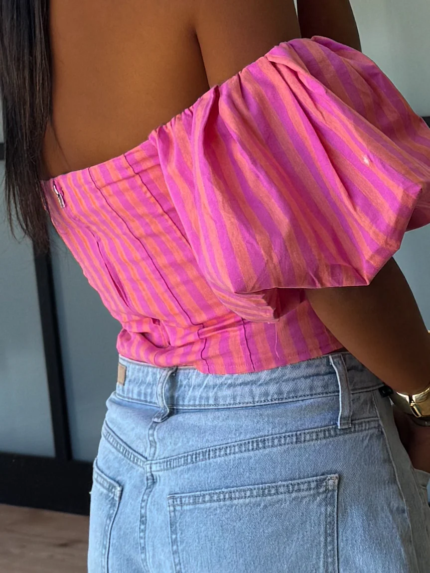 Eve Off-The-Shoulder Puff Sleeve Top | Tropink Stripe - Image 6