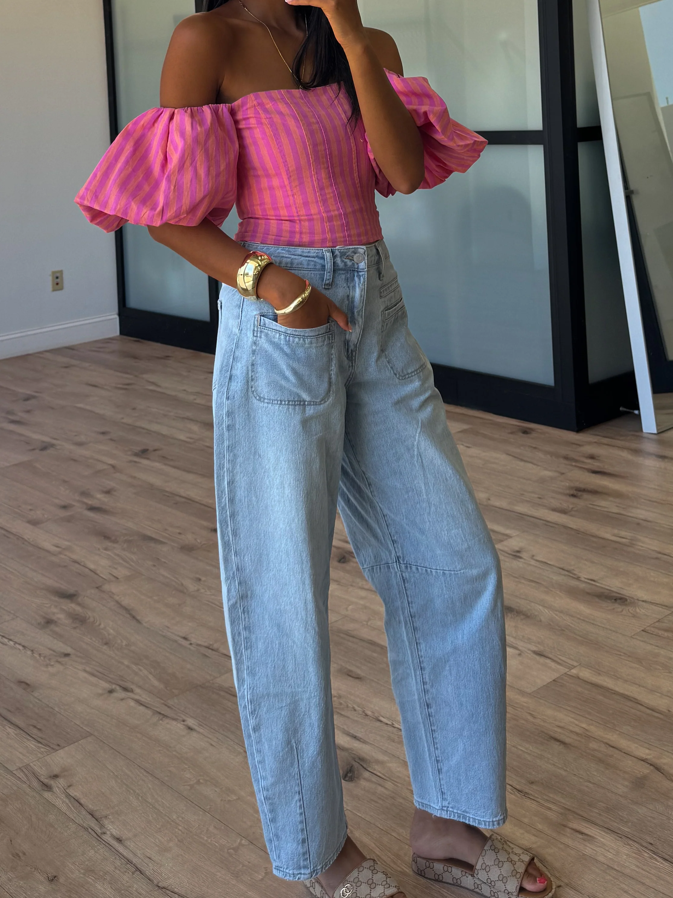 Eve Off-The-Shoulder Puff Sleeve Top | Tropink Stripe - Image 7