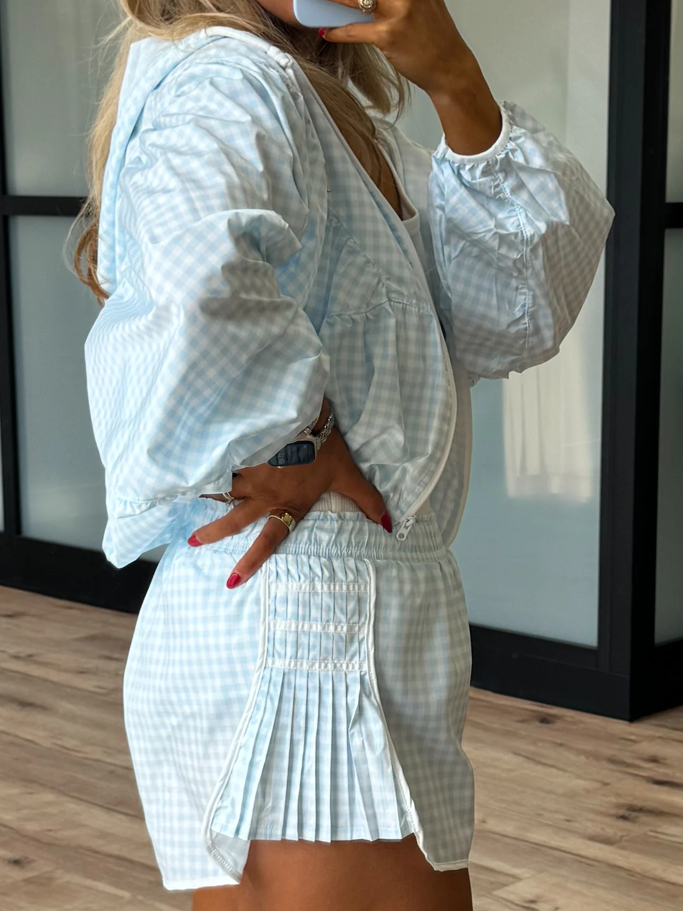 Gingham Windbreaker Jacket | Light Blue - Image 3