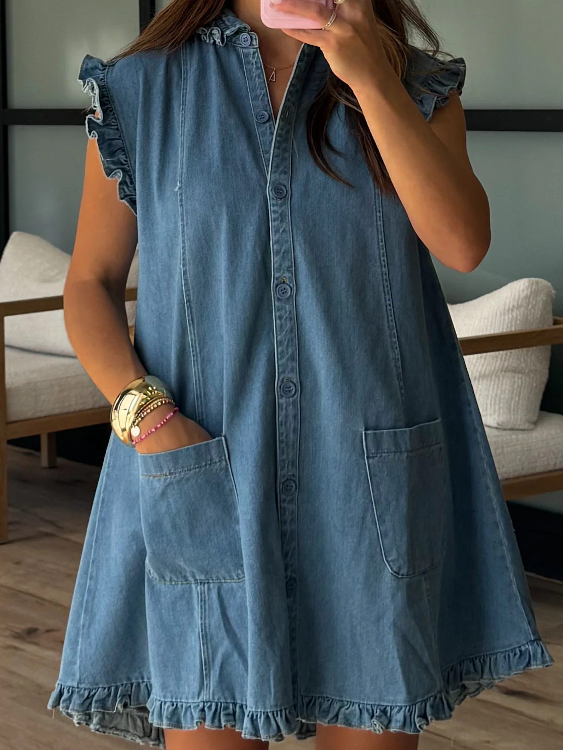 Denim Flutter Dress - Image 6