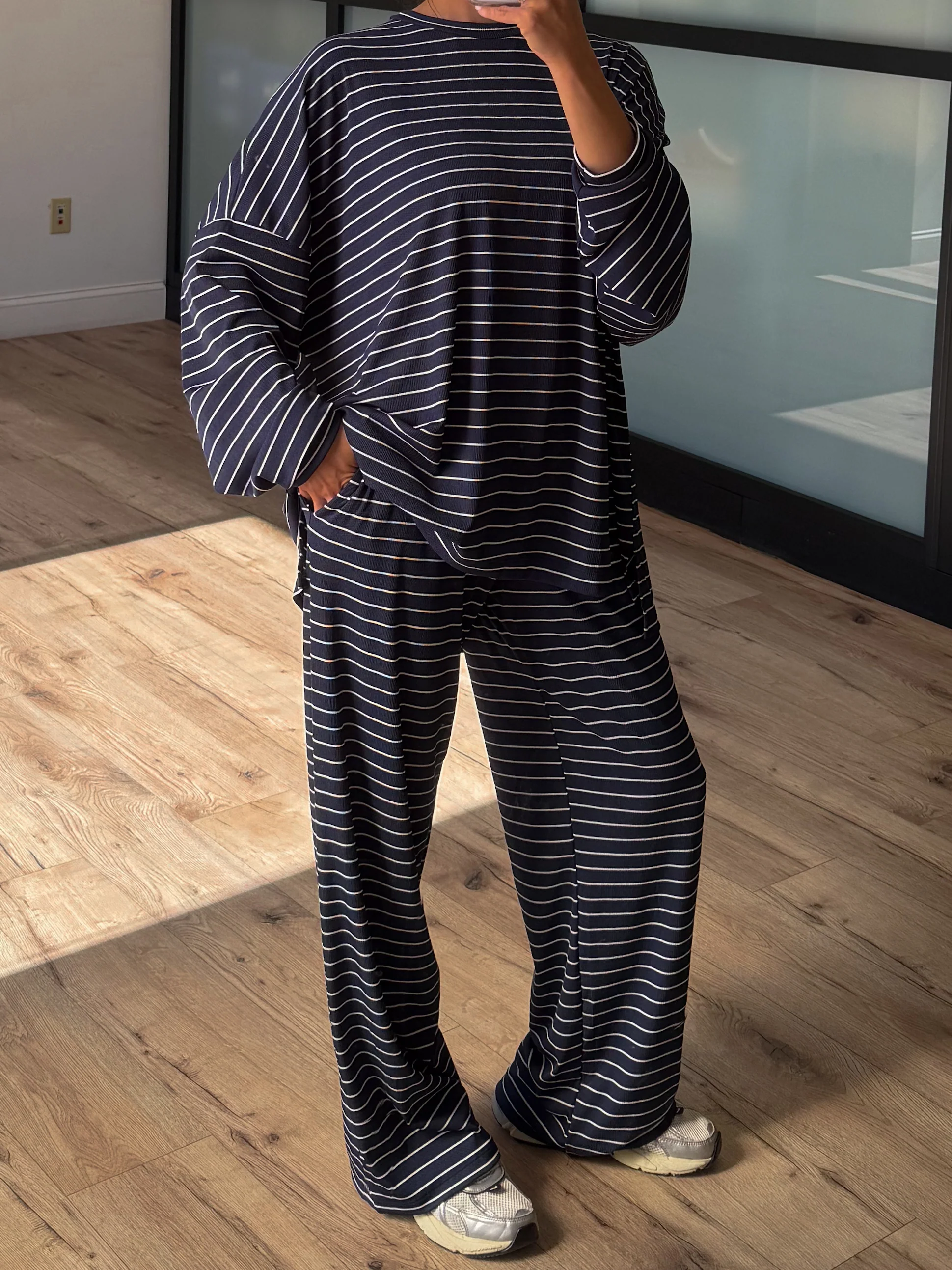 Homebody Stripe Ribbed Set | Navy | +Plus Available