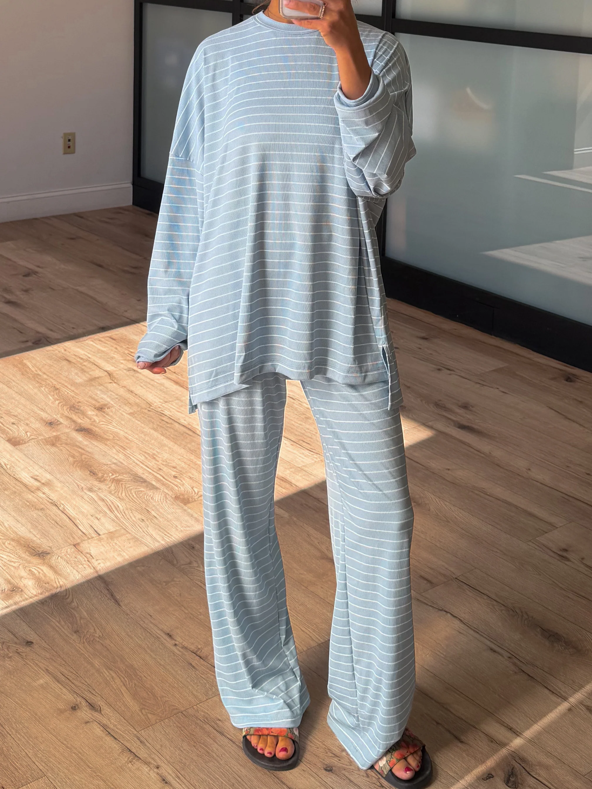Homebody Stripe Ribbed Set | Sky Blue | +Plus Available