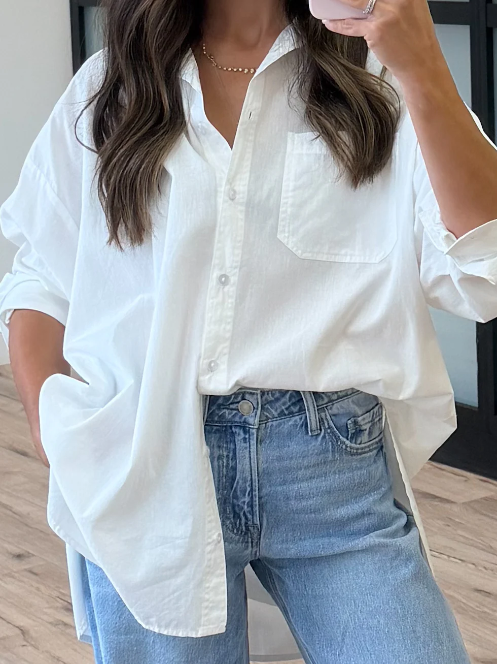 Poplin Cotton Button-Down Shirt | White | RESTOCK - Image 5