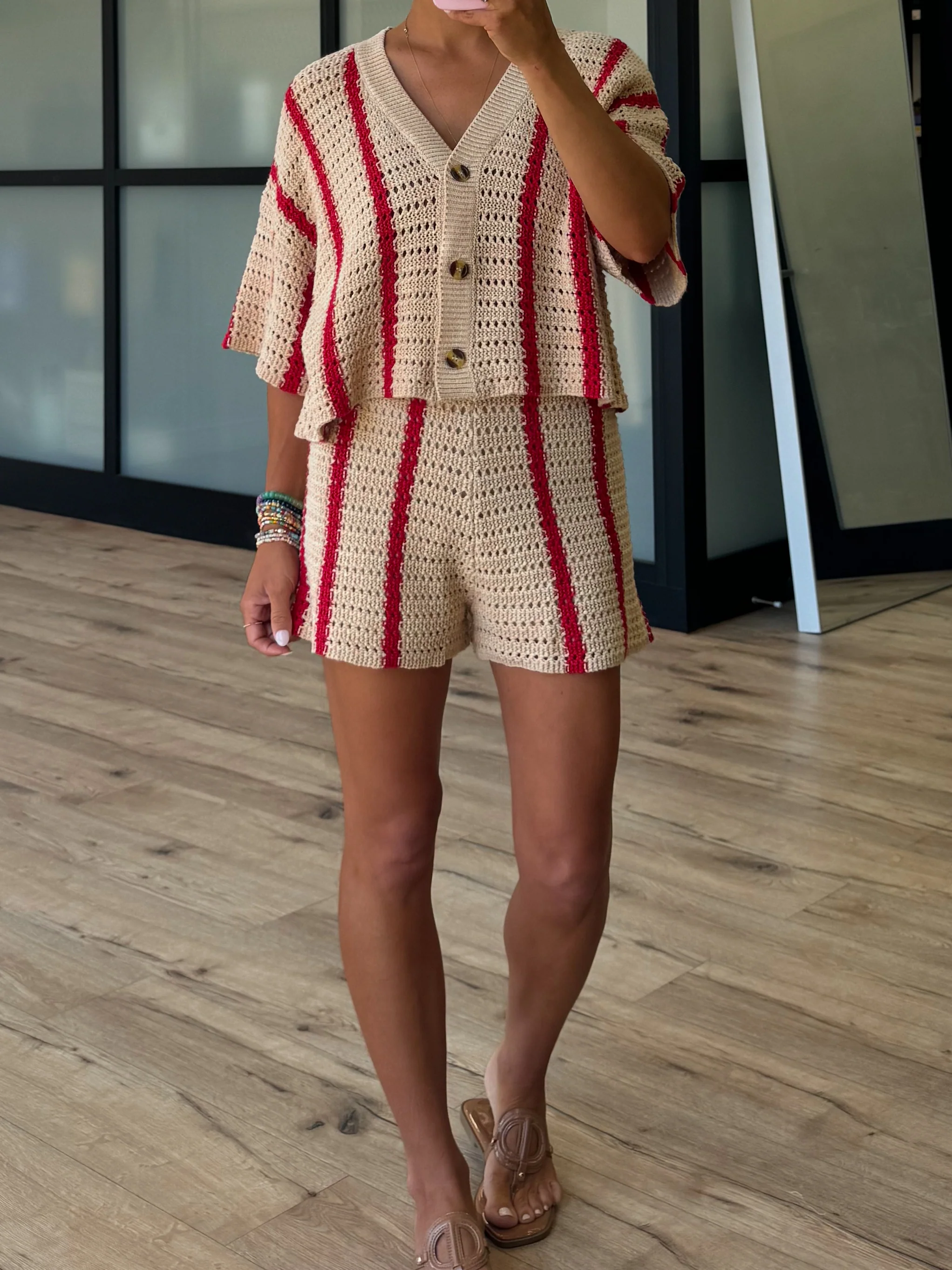 Sun Ray Open Knit Shorts | Red Stripe | FINAL SALE - Image 3