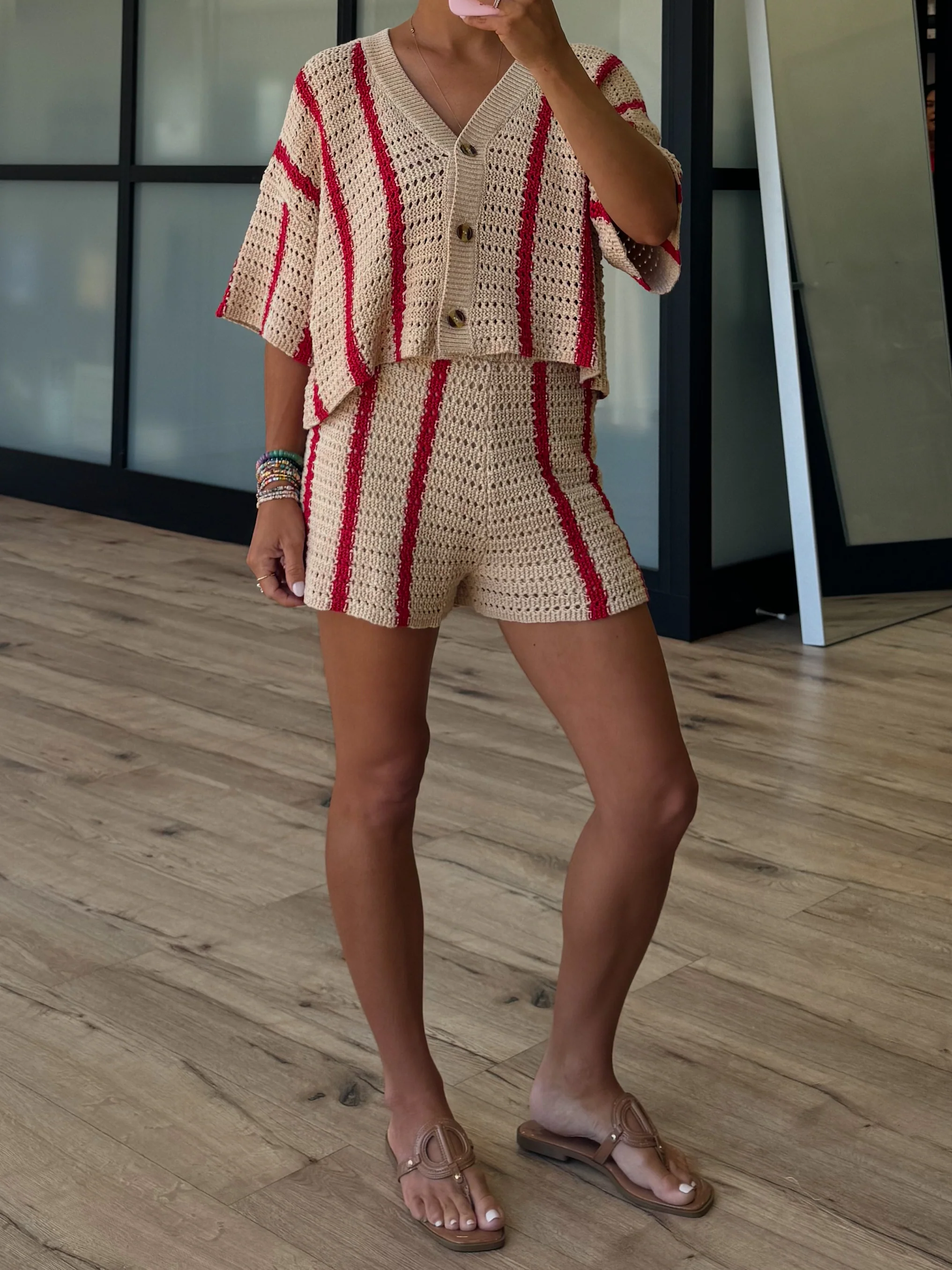 Sun Ray Open Knit Shorts | Red Stripe | FINAL SALE - Image 5