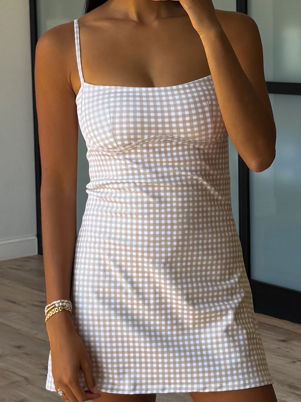 Sweetheart Active Dress | Beige Gingham - Image 3