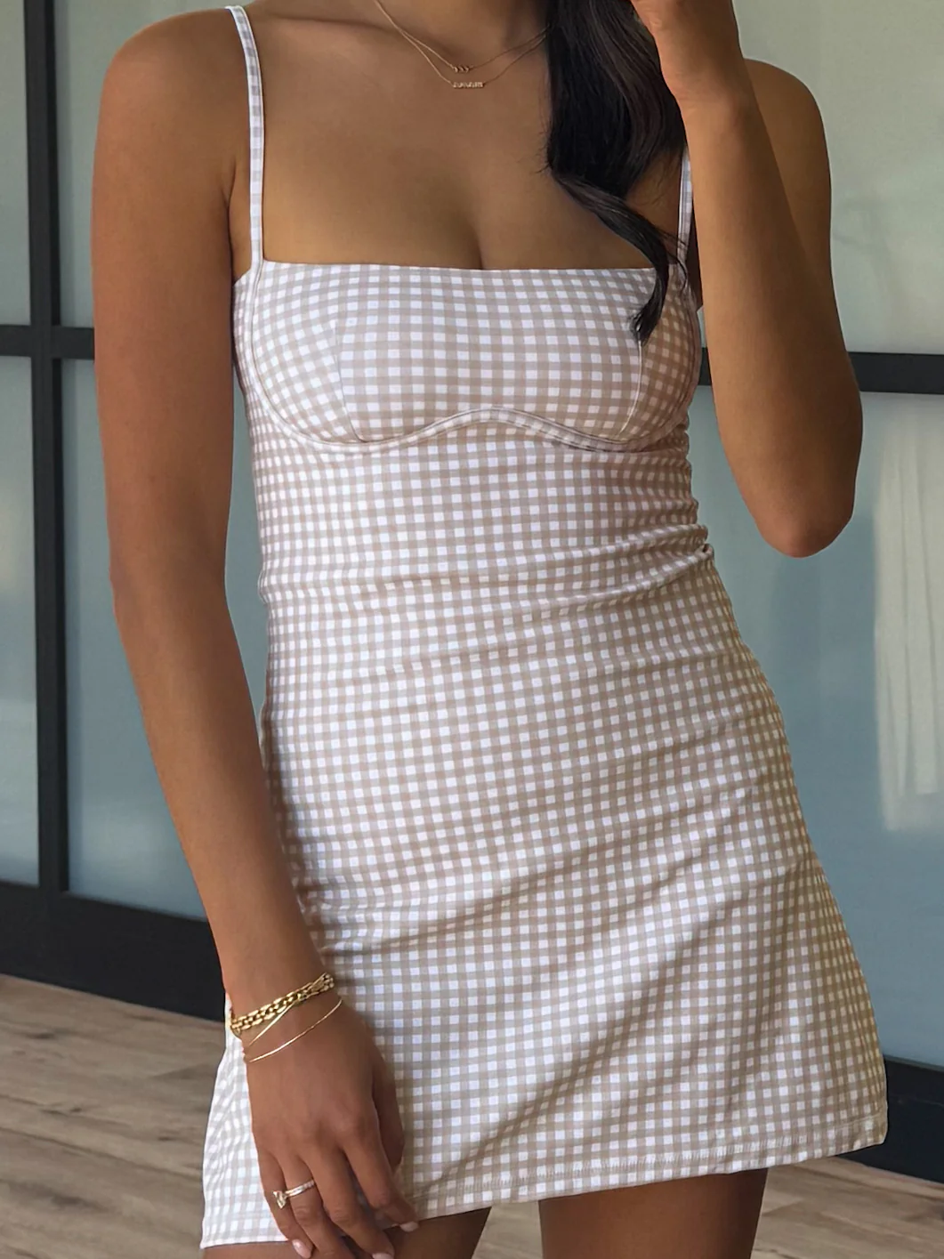 Sweetheart Active Dress | Beige Gingham - Image 4